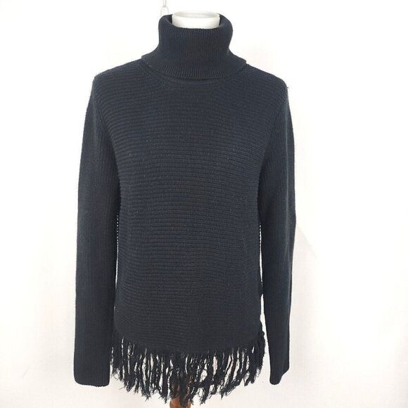 MICHAEL KORS Black Fringe Hem Turtle Neck Ribbed Long Sleeve Sweater Womens M - Picture 1 of 6